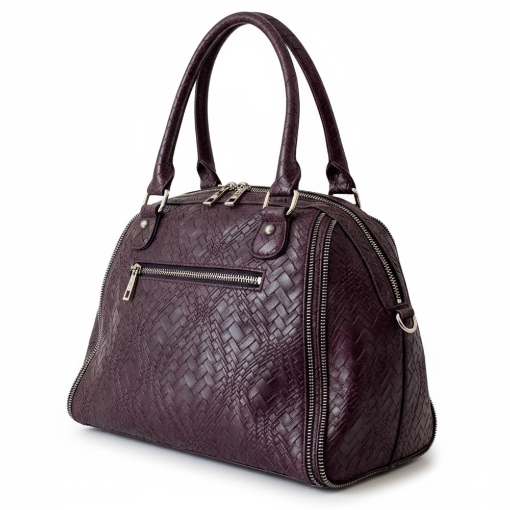 Melie Bianco Burgundy Woven Vegan Leather Zip Satchel Top Handle Bag
